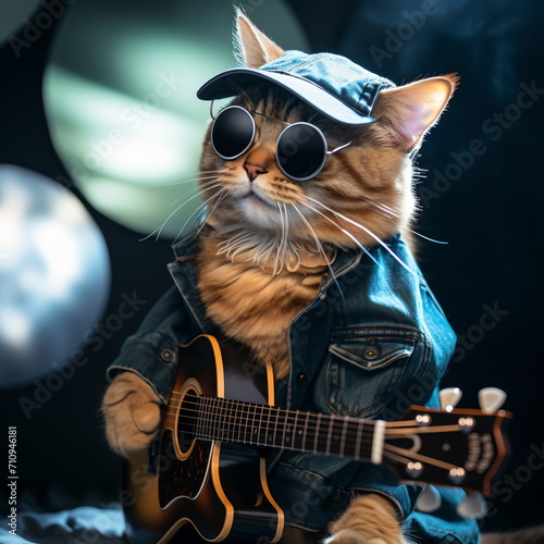 Cool cat wearing sunglasses and denim jacket playing guitar