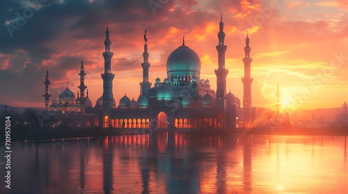Beautiful sunset over the mosque in Abu Dhabi, United Arab Emirates