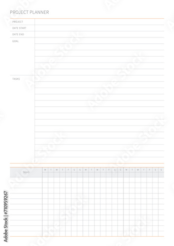 project plan design template in a modern, simple, and minimalist style. Note, scheduler, diary, calendar, planner document template illustration.