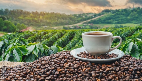 cup of coffee with beans against coffee field with copy space