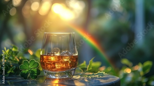 A glass of whiskey or scotch with a shamrock and rainbow. 