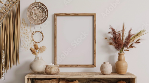Beige boho interior of living room with mock up poster frame, elegant accessories. Generative AI