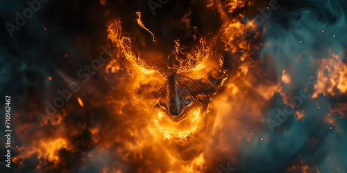 Fiery head of a evil monster in the fire