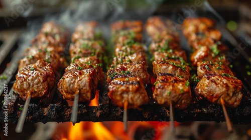 Assorted delicious grilled meat and bratwurst with vegetables over the coals on a barbecue