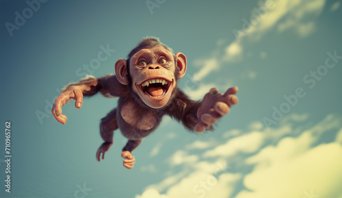 Single Monkey or Macaca jumping in a flying position. It leaping floats in the air with shock. a monkey was jumping from tree to tree. Common squirrel monkey jumping