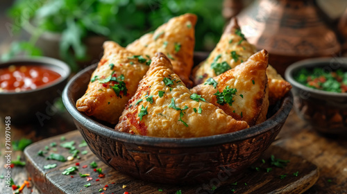 Fried samosas with vegetable filling, popular Indian snacks on wooden board