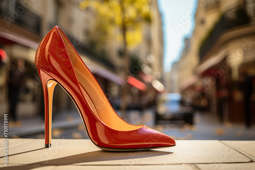 Elegant red women's high-heeled shoe against a city bokeh background. Generated by artificial intelligence
