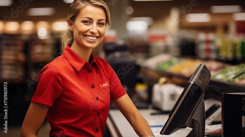 Portrait of a happy young cashier at a grocery store