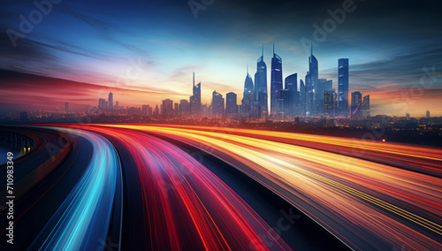 The motion blur of a busy urban highway during the evening rush hour. The city skyline serves as the background, illuminated by a sea of headlights and taillights