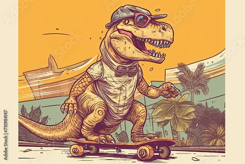 Green T-Rex dinosaur is riding on a skateboard on city street grunge background