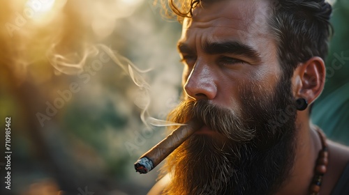 Portrait of a breaded man smoking cigar