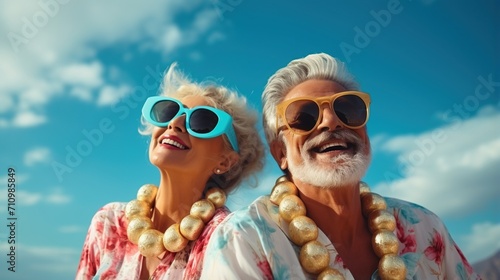 Happy retired couple wearing sunglasses and gold necklaces