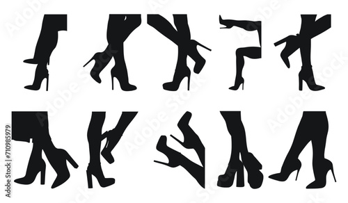 Set black silhouette of female legs in a pose. Shoes stilettos, high heels. Walking, standing, running, jumping, dance