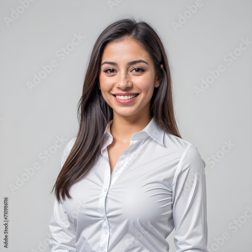 hermosa mujer latina de cabello lacio, usando camisa de trabajo, negocios, oficina, empoderada