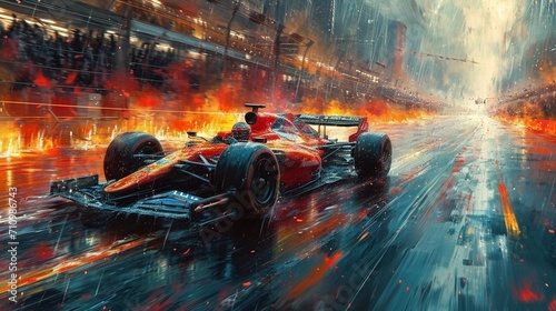 drawing of a race car on a city street oil painting effect