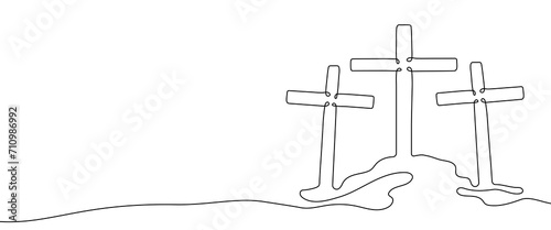 Three Calvary crosses on hill one continuous line banner template with copy space for text. Minimal vector illustration isolated on white background. Crucifixion of Jesus Christ, resurrection concept