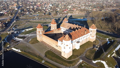 Panoramic aerial view of Medieval Castle in town Mir, Belarus