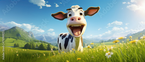 adorable vaca de dibujos animados sonriendo muy expresiva en un idílico campo primaveral con montañas y valles verdes floridos