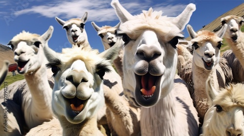 A group of llamas with their mouths open and looking at the camera