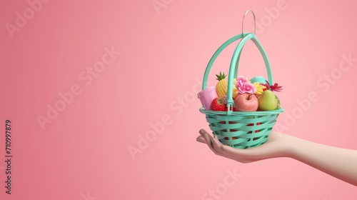 3d basket hanging on wrist with miscellaneous isolated on pink background. enjoy shopping concept, 3d render illustration