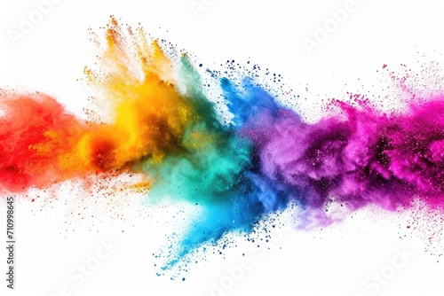Colorful powder particles are captured mid-air against a clean white background. This vibrant image can be used to add a burst of color and excitement to various projects