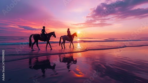 silhouette of people riding horses on the beach at sunset