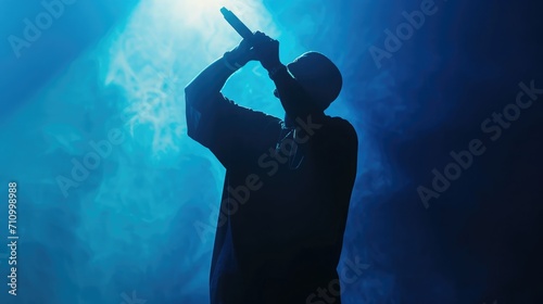 Silhouette of rap singer performing on stage. Bright blue background with hip hop artist performing on concert in night club