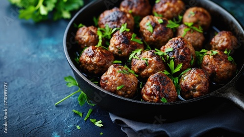 A pan filled with delicious meatballs covered in fresh parsley. Perfect for a hearty meal or as a tasty appetizer.