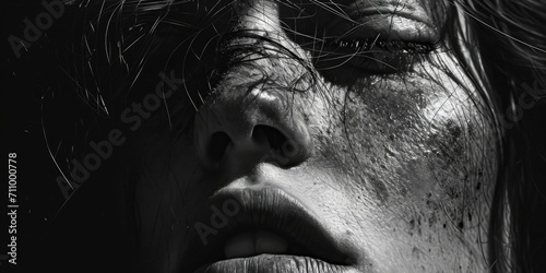 A black and white photo capturing the beauty of a woman's face. Suitable for various uses