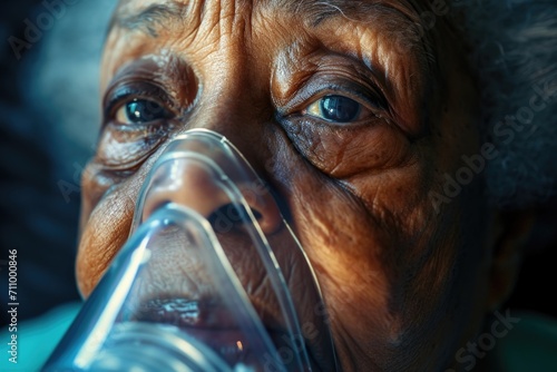 An elderly woman wearing an oxygen mask. Suitable for healthcare or medical concepts