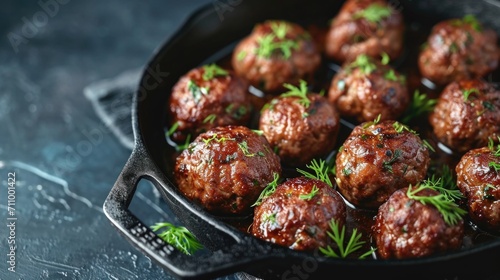 A skillet filled with meatballs covered in sauce. Perfect for Italian recipes or comfort food dishes