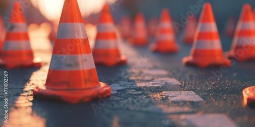 Orange and white cones arranged on a road, suitable for traffic control or construction purposes