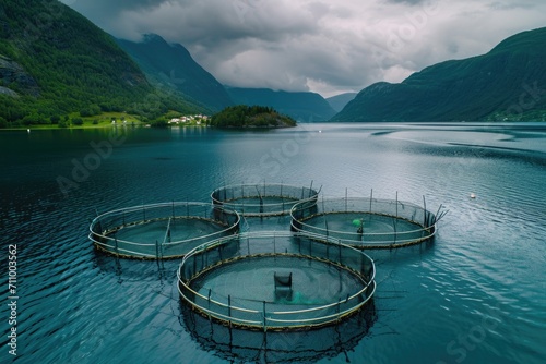 Fish cages positioned in a body of water. Suitable for aquatic farming and fishery concepts