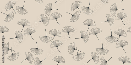 Seamless pattern with skeletonized gingko biloba leaves, veined, in black and beige. Vector illustration EPS10