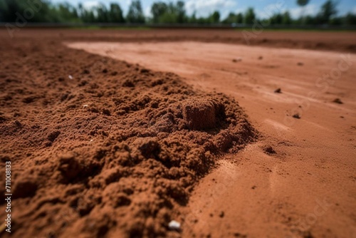 Sports field with red clay, pitchers mound, infield, sport, softball, game, dirt. Generative AI