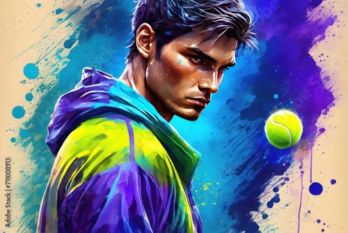Illustration of an energetic tennis player in vibrant hues.