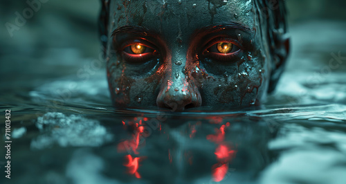 Creepy monster face in the water with red eyes 