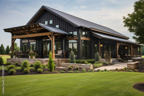 Modern Retreat: Inviting Gray Barndominium with Wood Accents and Outdoor Patio with Landscaping