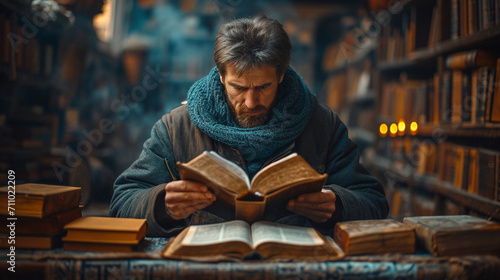 A man reads a Bible in a library