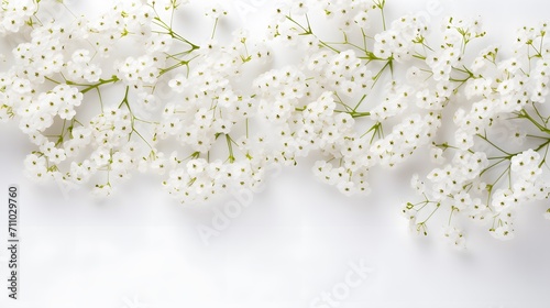 Small white gypsophila flowers on white background. Women's Day, Mother's Day, Valentine's Day, Wedding concept. Flat lay. Top view. Copy space