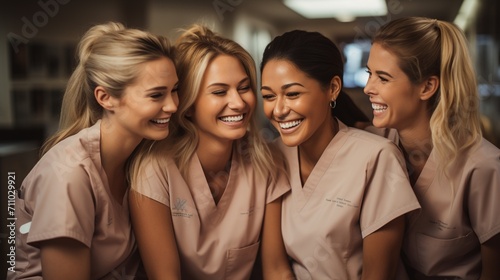 Four smiling women in pink scrubs