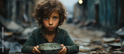 Hungry palestine poor boy with beautiful eyes kid with an empty plate. Holding empty plate in his hands