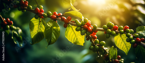 fresh ripe coffee beans hanging on a coffee plant branch with blurred background