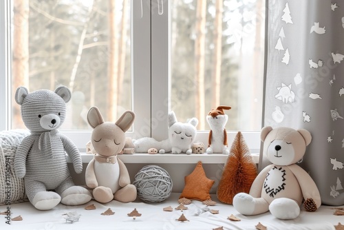 A charming array of crochet animal toys arranged on a window sill, creating a peaceful and inviting atmosphere in a child's room