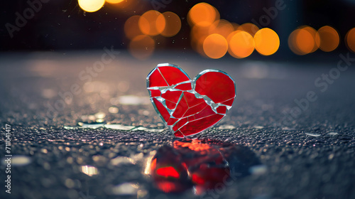 a broken red heart on the asphalt, a glass heart broken into small pieces, bokeh background