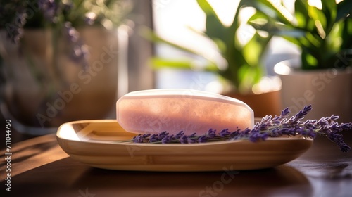 Closeup of a leafshaped soap dish made from sustainable bamboo, holding a bar of allnatural lavender soap.
