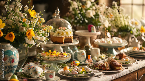 A beautifully set Easter table featuring flowers, scrumptious cakes, and an array of intricately d