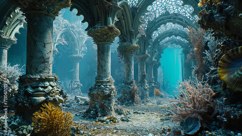 A majestic underwater castle captivates with arches constructed from an array of exquisite and enc