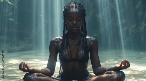 Black woman meditating in a lotus position underwater in the sea on the ocean floor sand