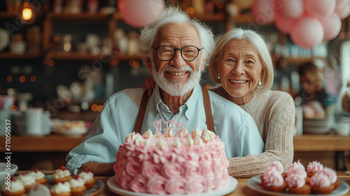 Senior couple celebrating a birthday and having fun with birthday cake and balloons. People, joy, fun and happiness concept.